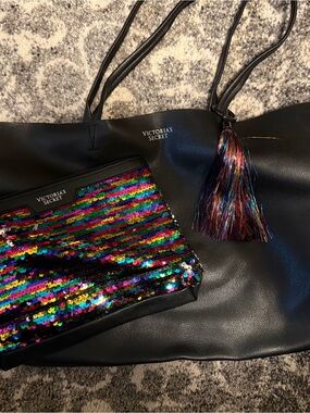 Victoria's Secret Black Tote with Rainbow Sequin Pouch and Tassel